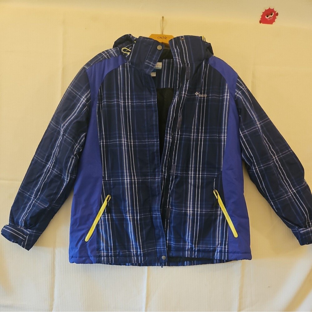 Columbia Women 1X Snowy Lake Jacket Hood Blue Plaid Striped Size 1X
